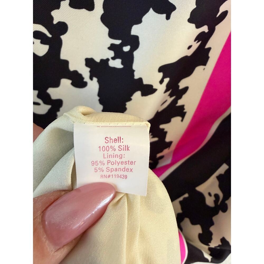 Julie Brown NYC 100% Silk Dress Size 6 Black White Houndstooth Pink Trim Shift - Picture 6 of 7